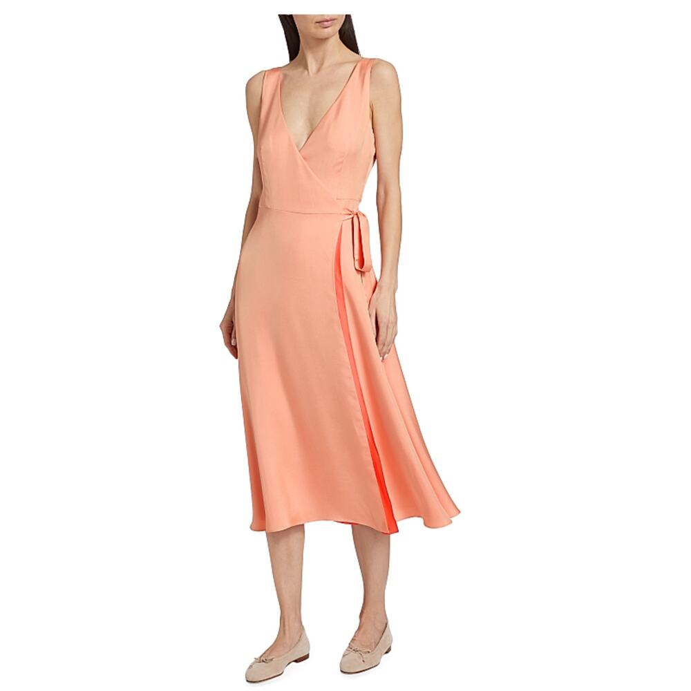 Derek Lam Women's Kathleen Sleeveless Wrap Satin Orange Midi Dress - Size: 6